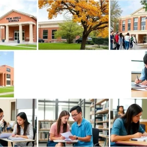 Collage of private high school life in Dallas with students and school buildings