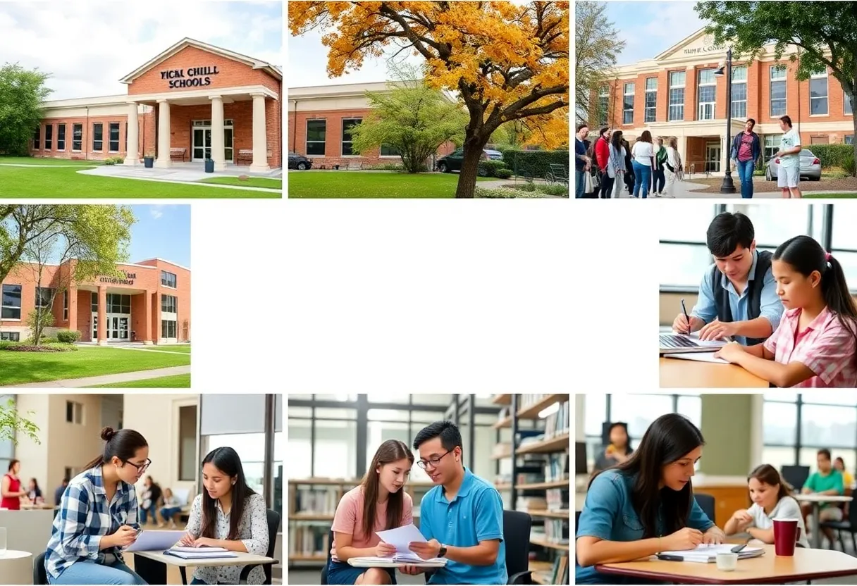 Collage of private high school life in Dallas with students and school buildings