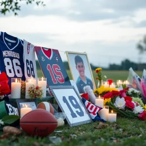 Memorial setup for a young athlete with candles and flowers