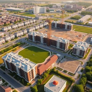 Construction site of the University Hills development in Dallas with residential and commercial buildings outlined.