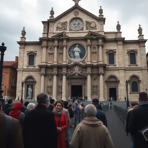 Students and faculty members on a pilgrimage at a historic basilica.