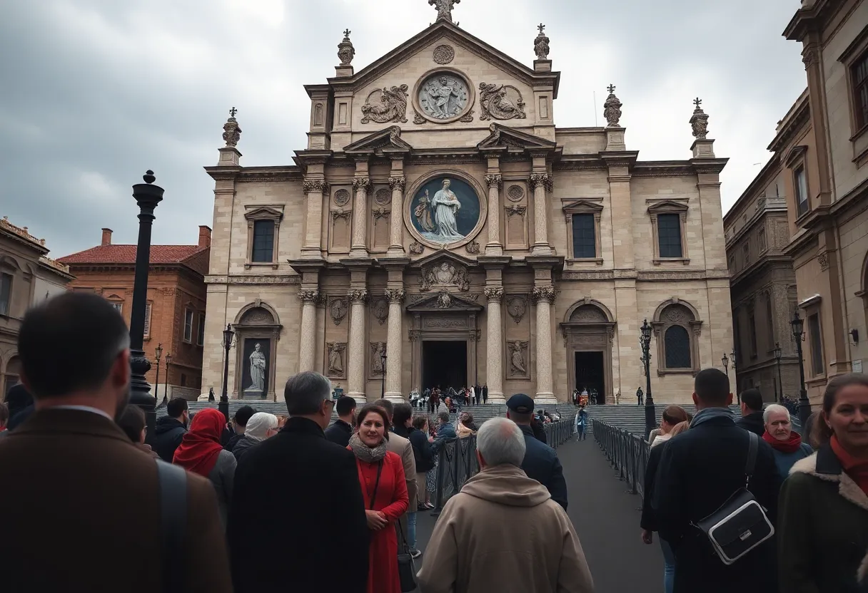 Students and faculty members on a pilgrimage at a historic basilica.