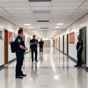Empty school hallway with security presence after shooting incident