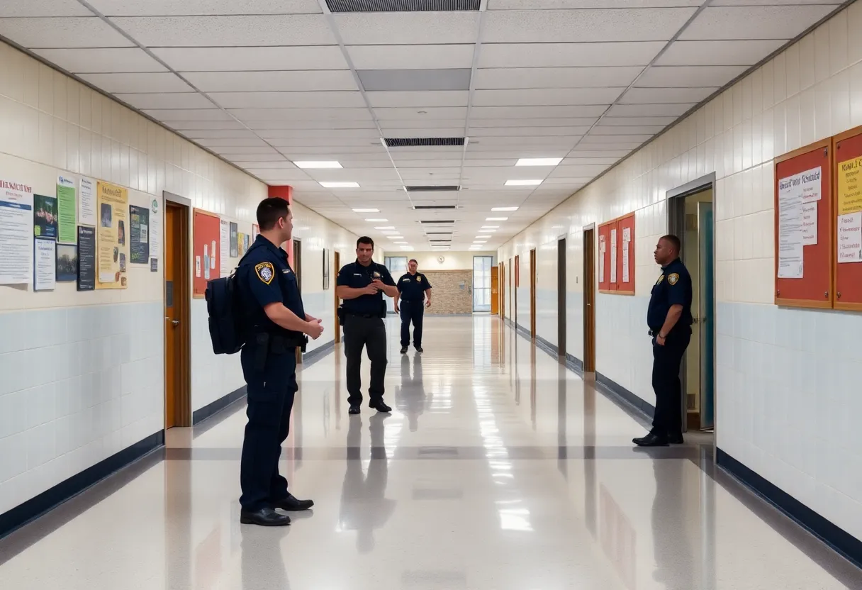Empty school hallway with security presence after shooting incident