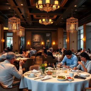 Interior view of the Zodiac Room restaurant in Dallas showcasing diners and fine dining ambiance.