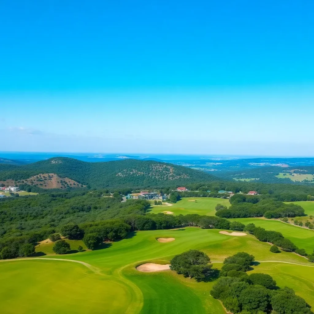 A scenic view of the best golf course in Texas with vibrant greens and hills.