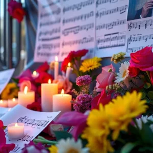 A tribute setup dedicated to Cavin Yarbrough featuring candles and flowers.