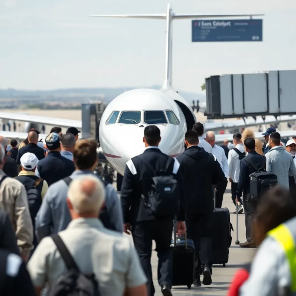 Charter flight at the airport preparing for immigrant deportation