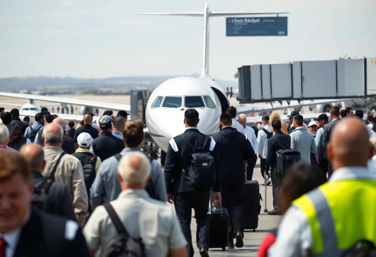 Charter flight at the airport preparing for immigrant deportation