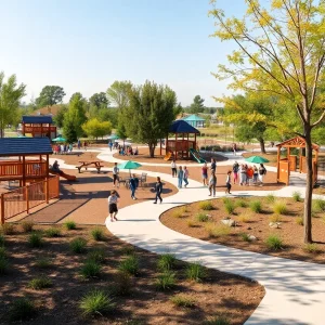 Community park with playgrounds and walking trails