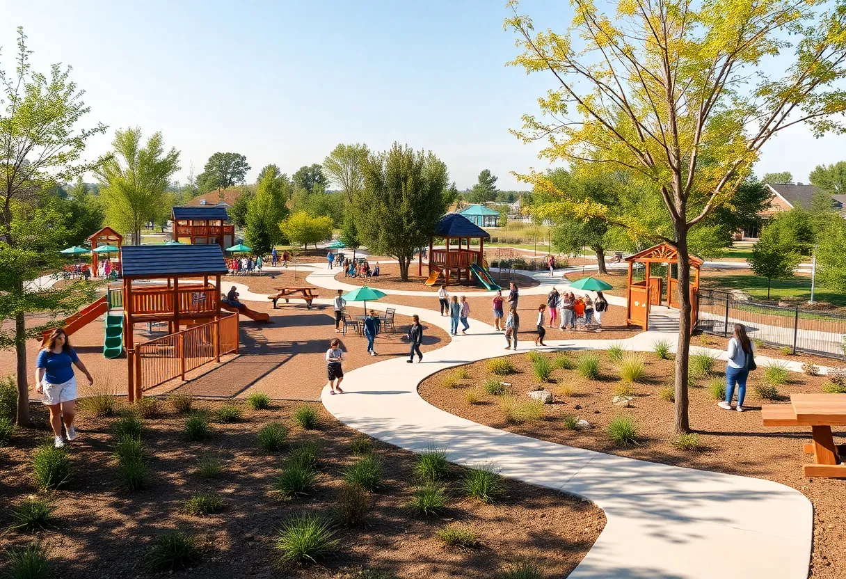 Community park with playgrounds and walking trails