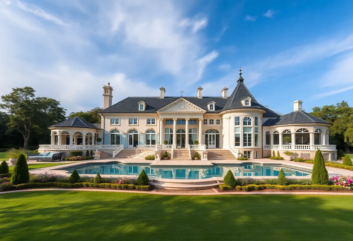 Exterior view of the Crespi Estate showcasing its opulent architecture and extensive grounds