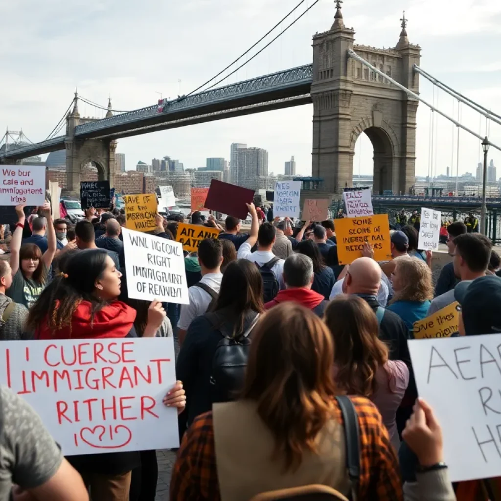 Protesters on Margaret Hunt Hill Bridge opposing ICE policies