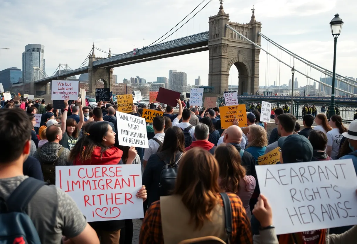 Protesters on Margaret Hunt Hill Bridge opposing ICE policies