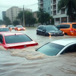 Vehicles submerged in floodwaters in Dallas