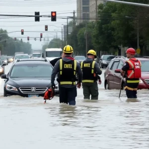 Emergency responders conducting rescue operations during flooding in Dallas