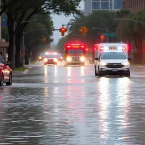 Emergency services dealing with a flooded street in Dallas
