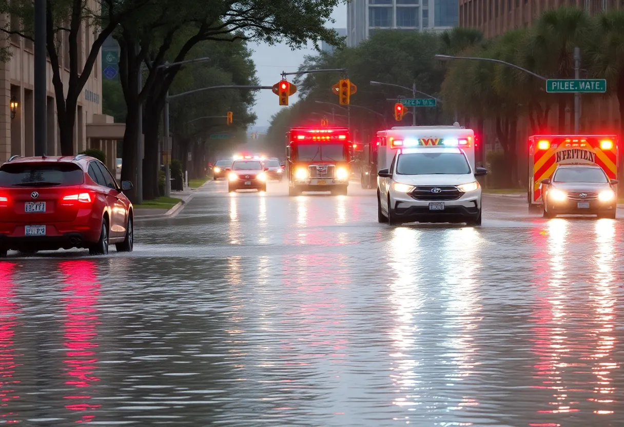 Emergency services dealing with a flooded street in Dallas