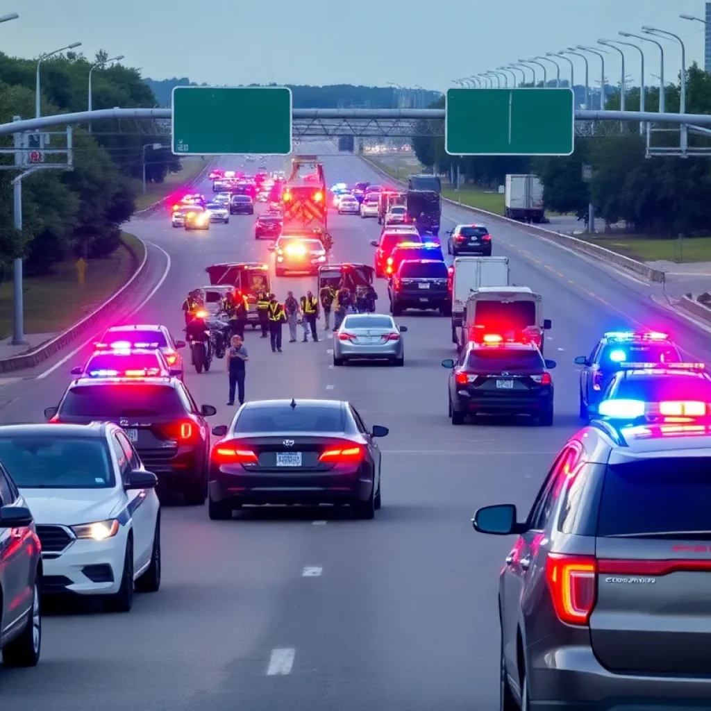 Police and emergency responders on a busy Dallas highway scene during an investigation.