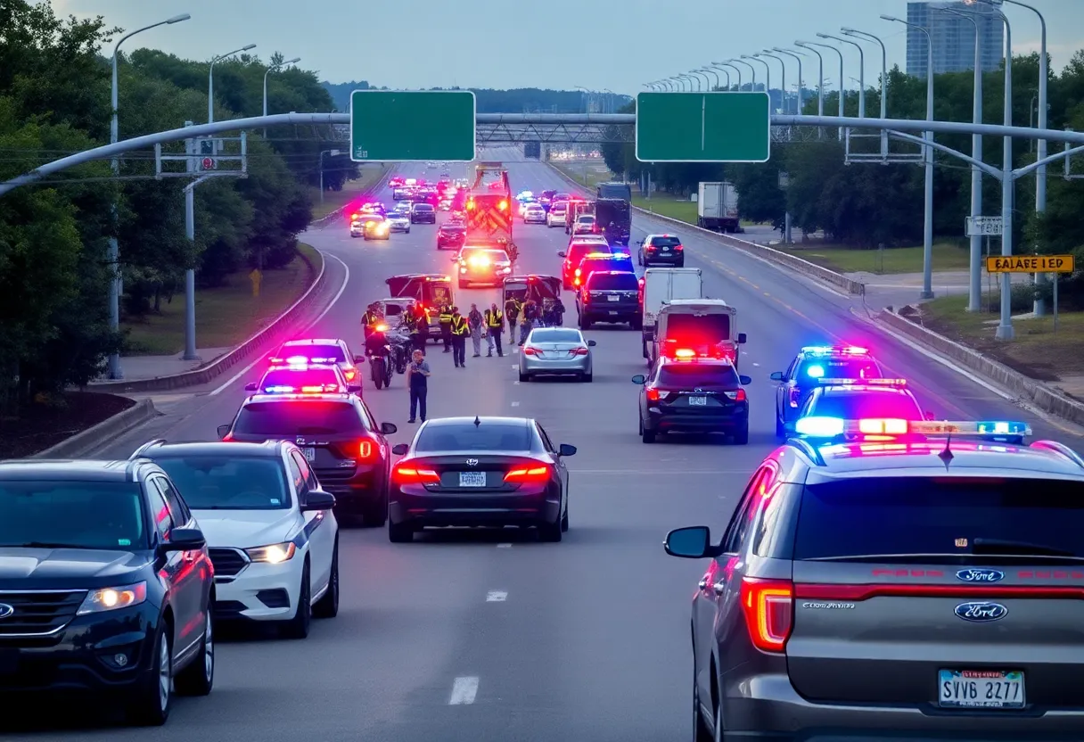 Police and emergency responders on a busy Dallas highway scene during an investigation.