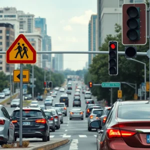 An urban highway scene showing traffic and pedestrian safety signs