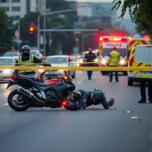 Scene of a motorcycle accident with emergency responders