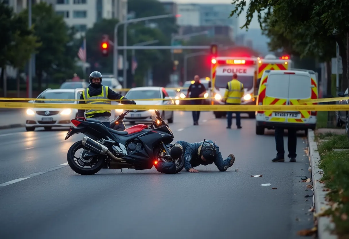 Scene of a motorcycle accident with emergency responders
