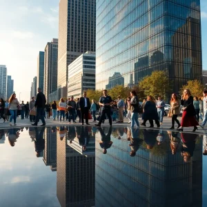 Dallas cityscape with individuals in various professions