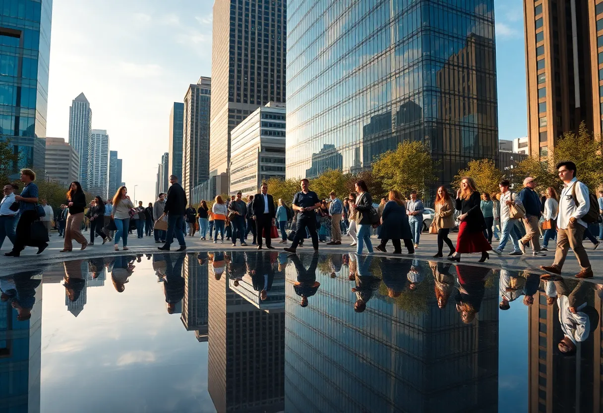Dallas cityscape with individuals in various professions