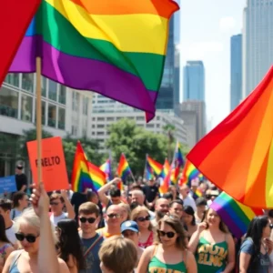 Dallas Pride Month parade with rainbow flags and crowds