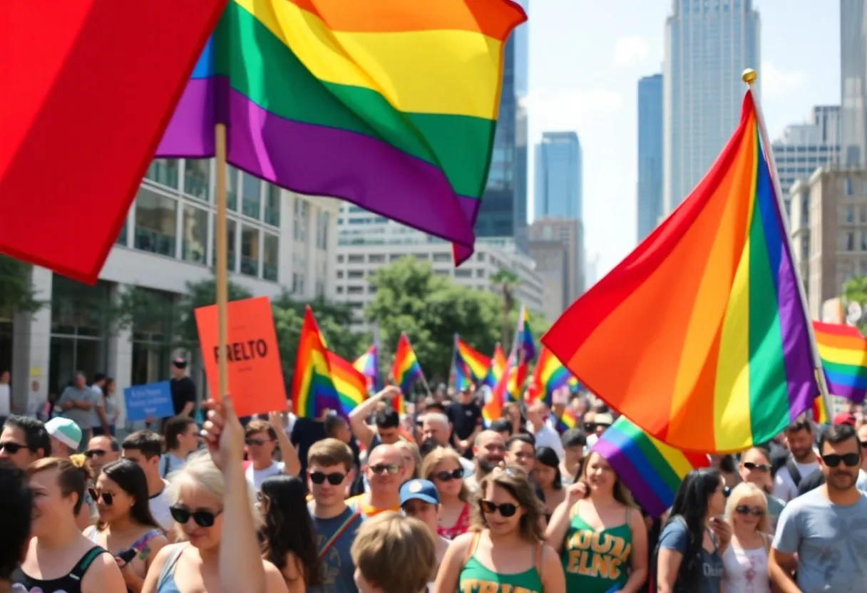 Dallas Pride Month parade with rainbow flags and crowds