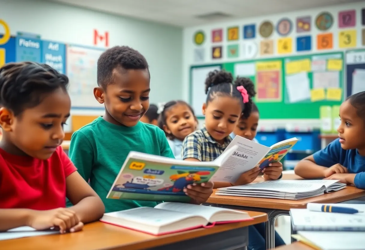 Classroom in a Dallas school with students participating in lessons.