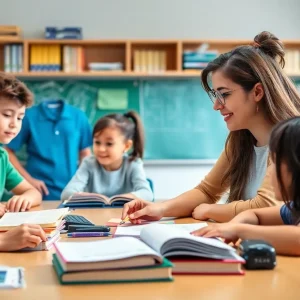 Students in a classroom working together on educational activities