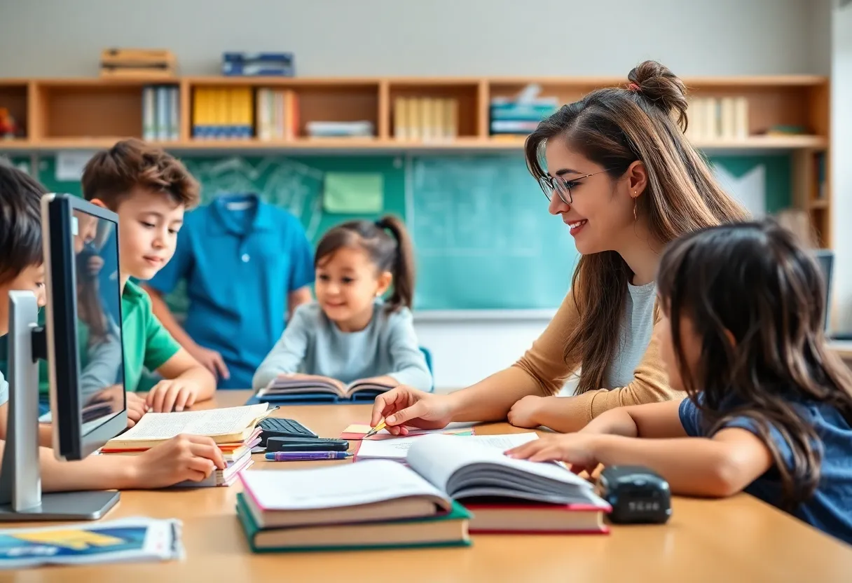 Students in a classroom working together on educational activities