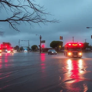 Flooded street in Dallas during severe storm