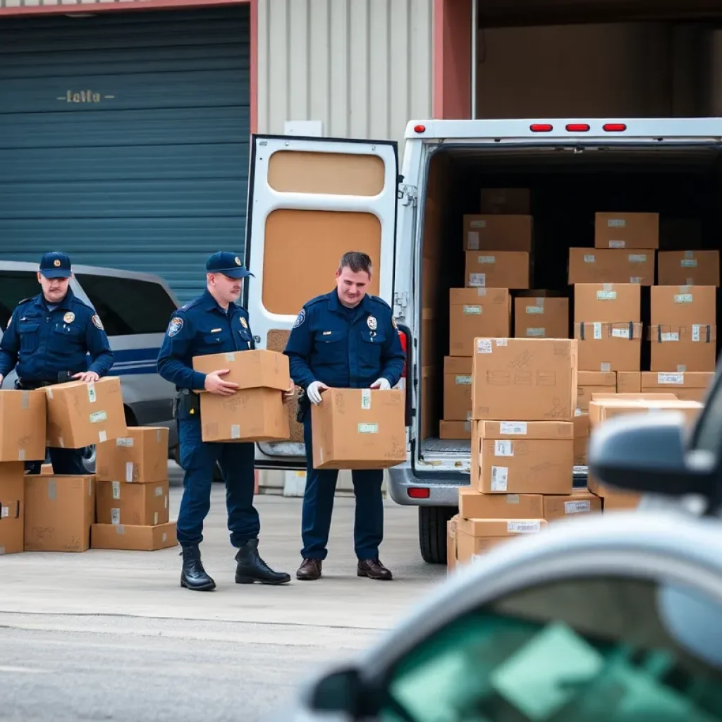 Law enforcement officers conducting a raid on a hemp warehouse.