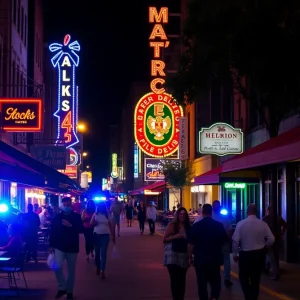 Nighttime view of Deep Ellum with police lights
