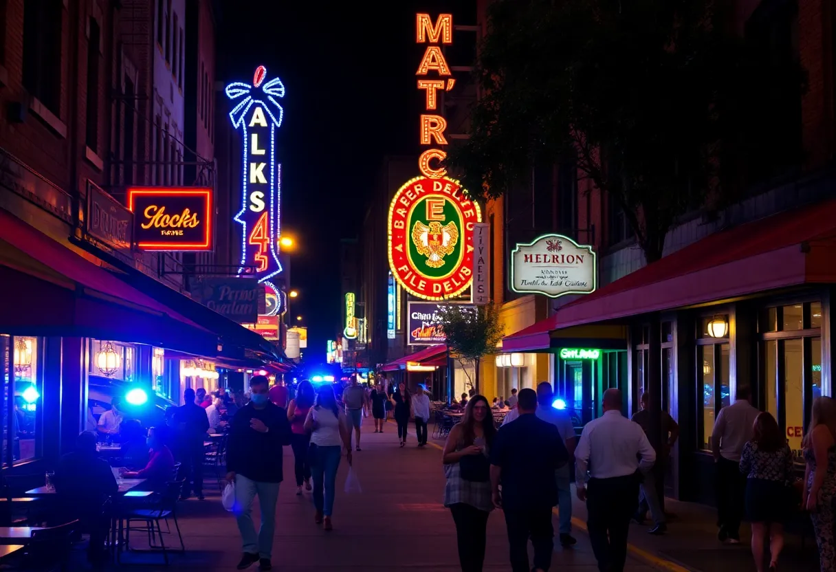 Nighttime view of Deep Ellum with police lights