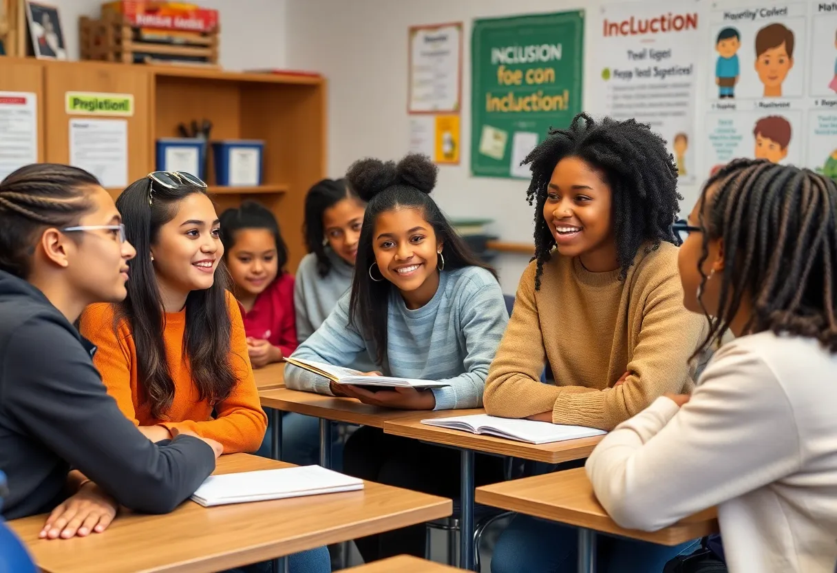 A diverse group of students in a classroom discussing educational policies.