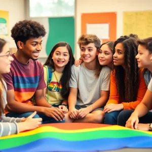 Diverse students engaging in a conversation about LGBTQ inclusivity in a school setting.