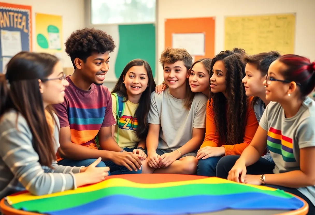 Diverse students engaging in a conversation about LGBTQ inclusivity in a school setting.