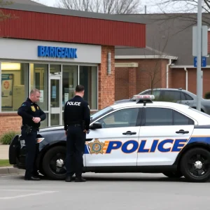 Police officers investigating a vehicle theft outside a bank