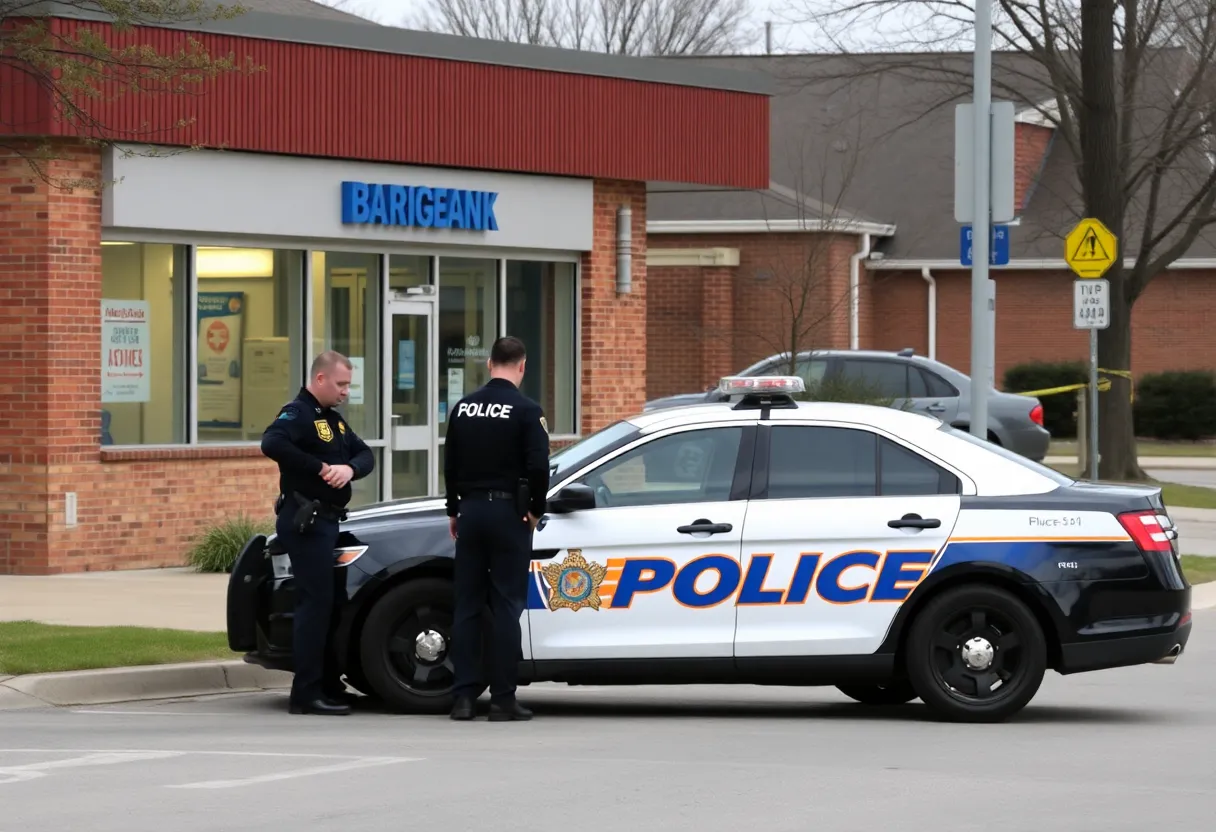 Police officers investigating a vehicle theft outside a bank
