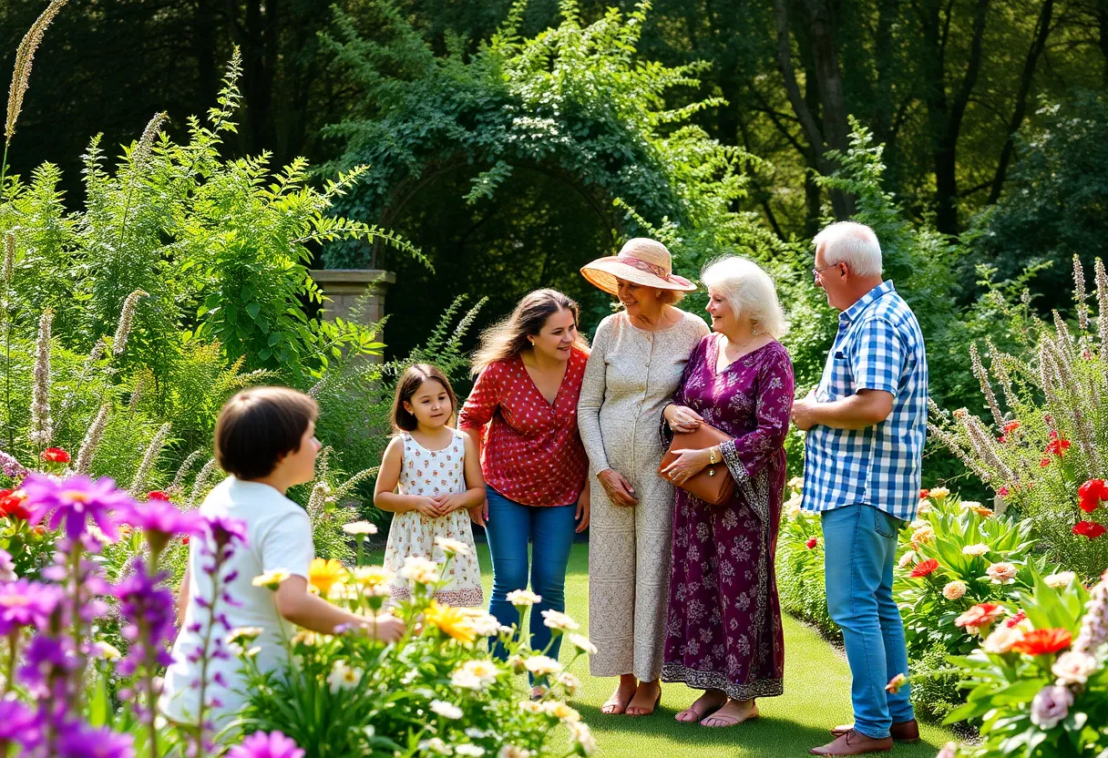 A family gathering in a lush garden representing legacy and love.