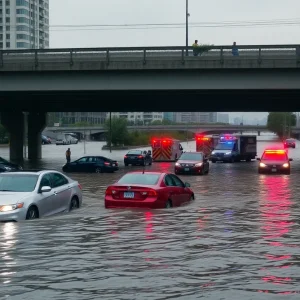 Emergency responders dealing with a flooded vehicle under the highway during a storm in Dallas