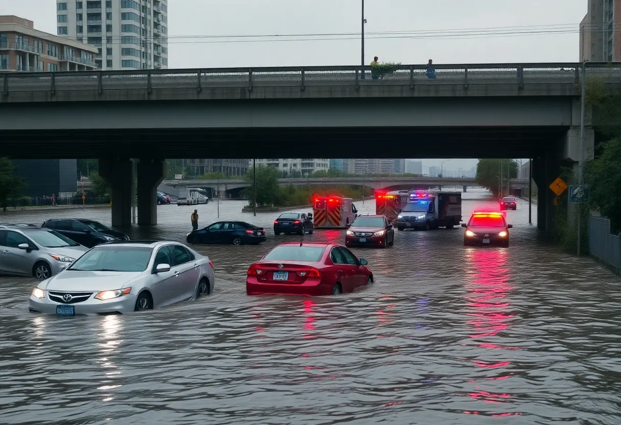 Emergency responders dealing with a flooded vehicle under the highway during a storm in Dallas