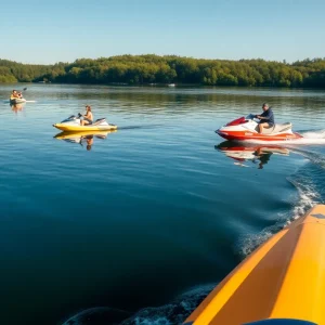 Scenic view of Grapevine Lake with kayakers and jet skis