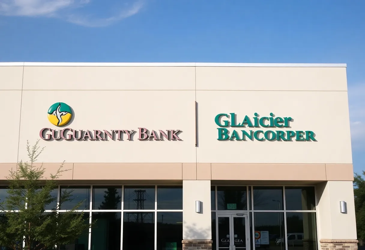 A modern bank sign showing Guaranty Bank & Trust and Glacier Bancorp merger.