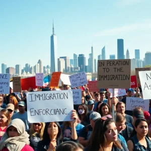 Crowd protesting against immigration enforcement policies in a major US city.