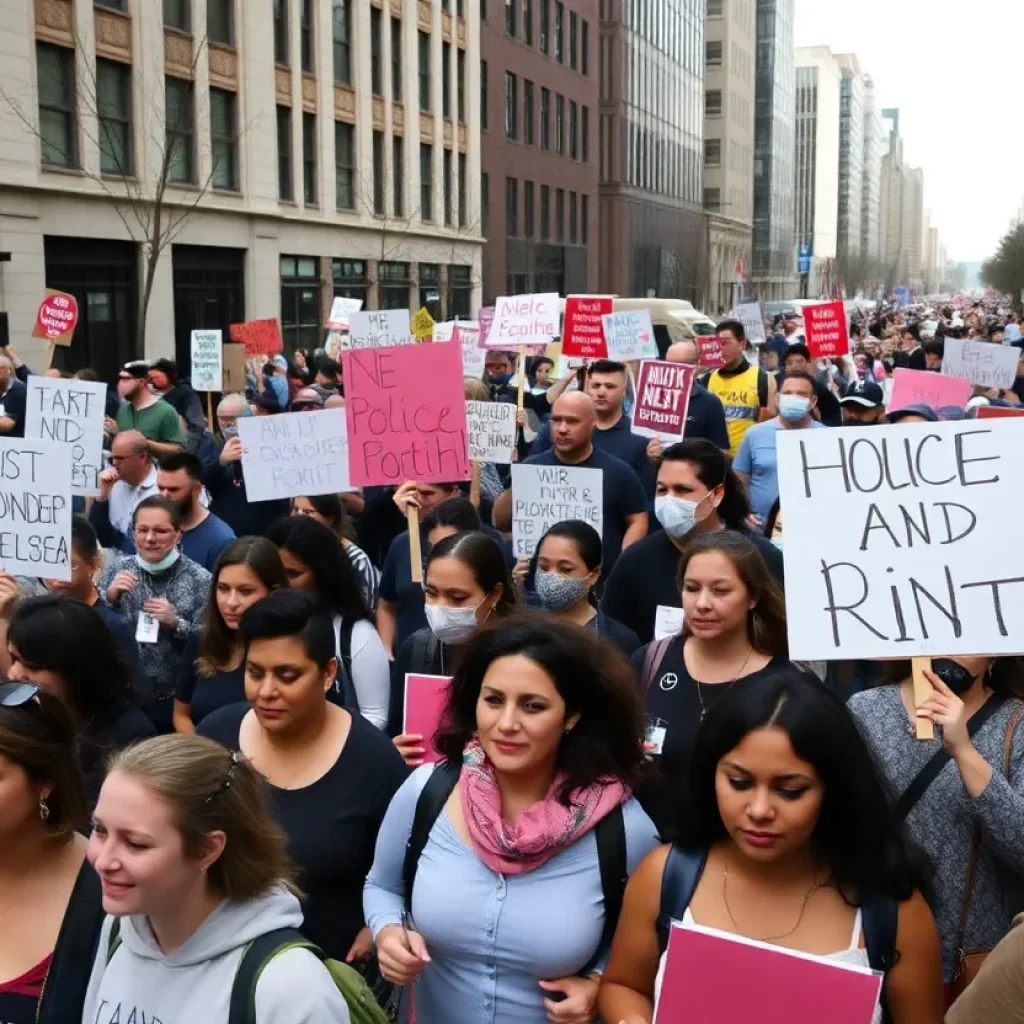 Crowd of protesters holding signs during an immigration protest.